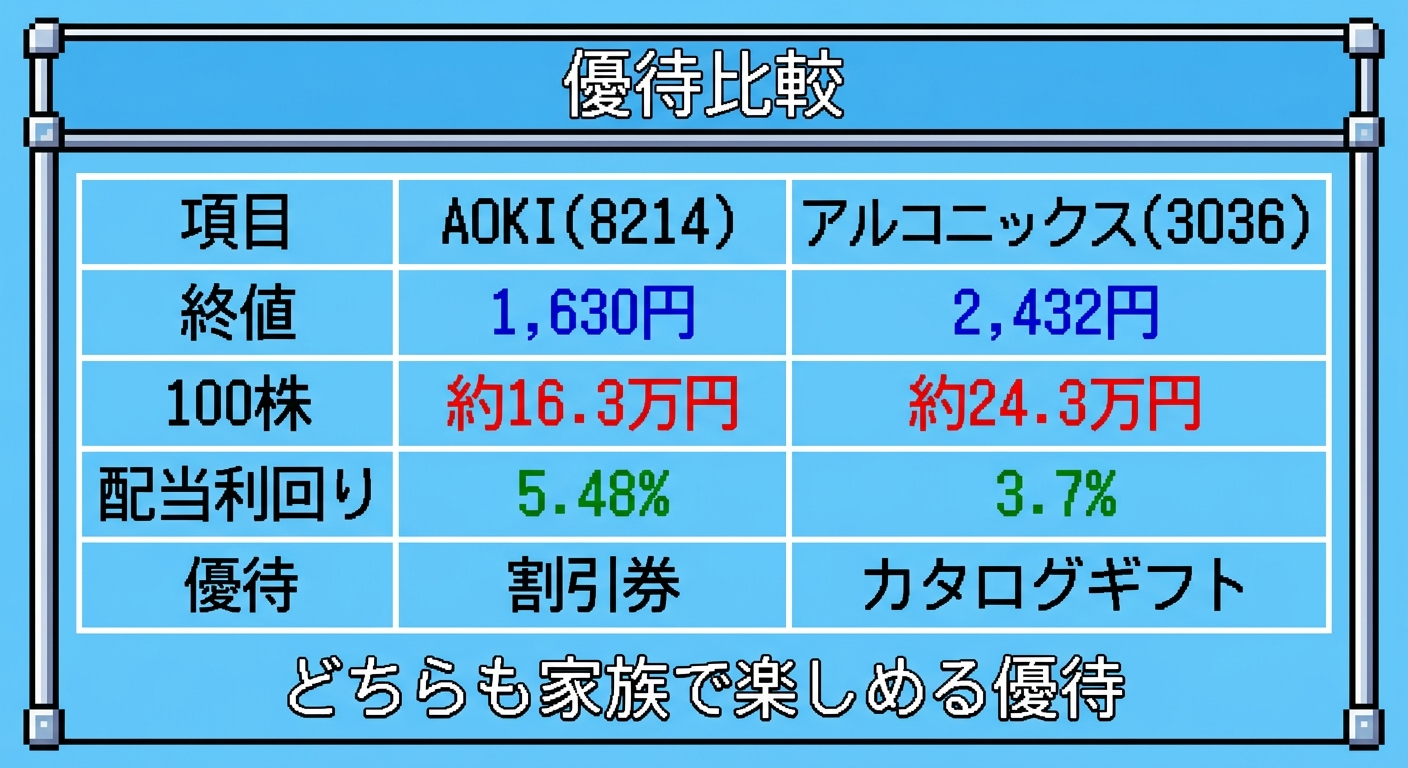AOKIとアルコニックスの株主優待比較表