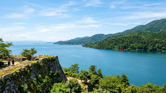 琵琶湖と山城の眺め