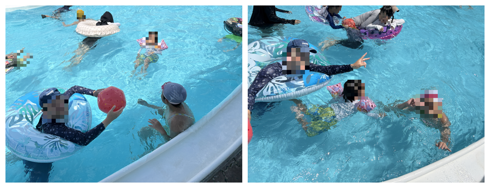 流れるプールでビーチボール遊びをする様子と、家族みんなで泳ぐ様子
