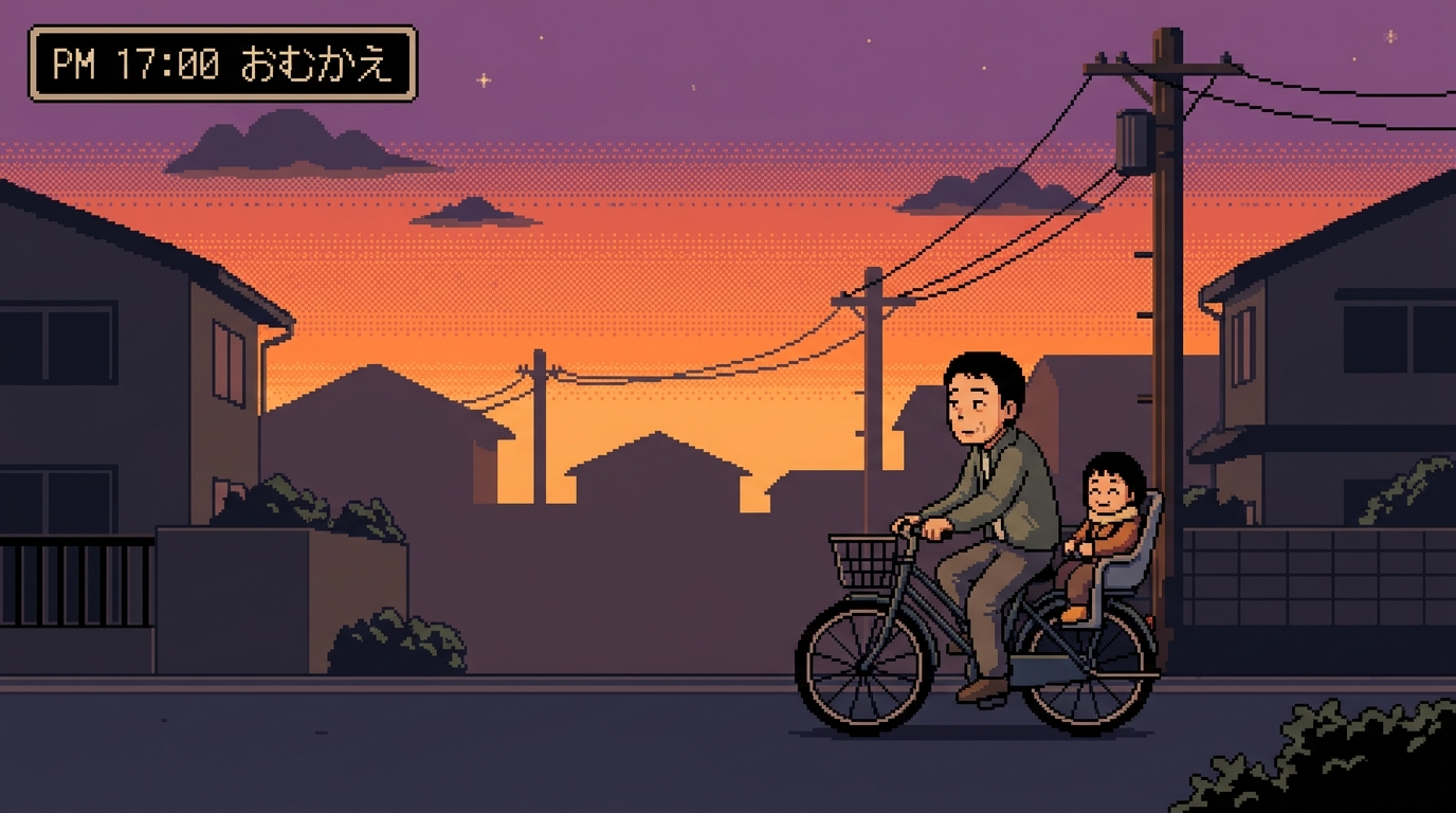 夕方に自転車で子供をお迎えに行く様子を描いたドット絵。夕焼けの住宅街