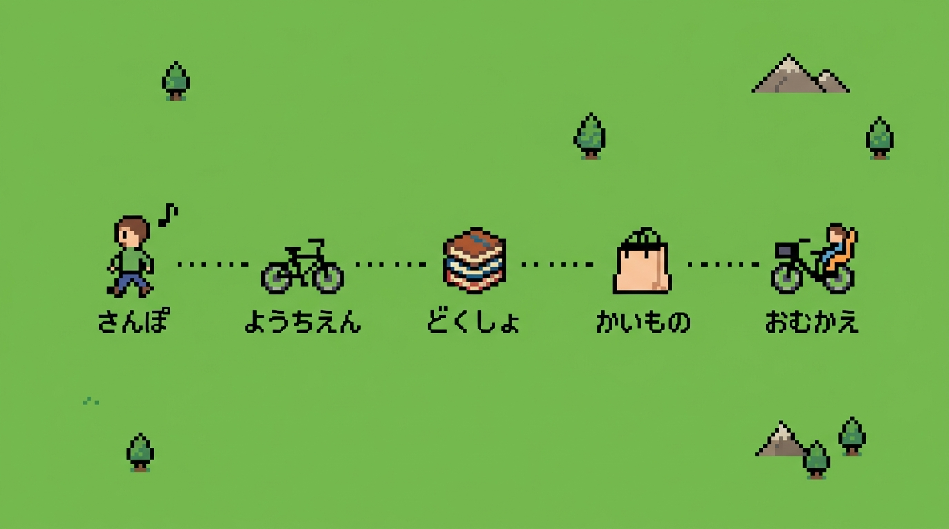1日の行程をRPGのマップ風に並べたドット絵。さんぽ・ようちえん・どくしょ・かいもの・おむかえ
