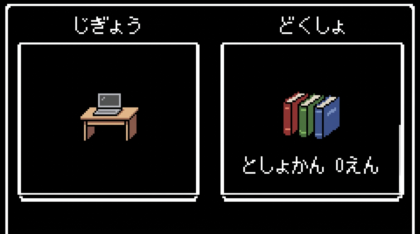 午前中の過ごし方をRPGのステータス画面風に描いたドット絵。じぎょうとどくしょ