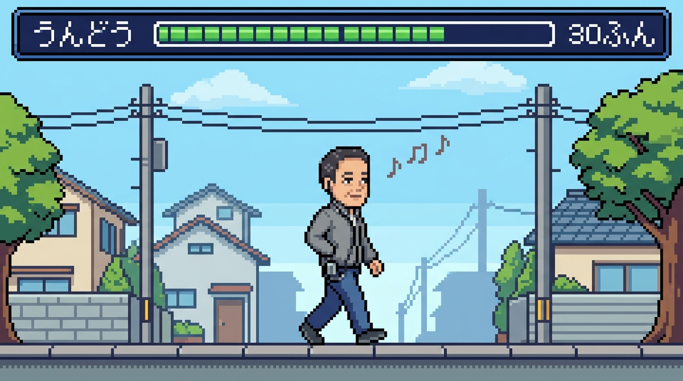 朝30分の散歩をドット絵の横スクロールゲーム画面風に描いたイラスト