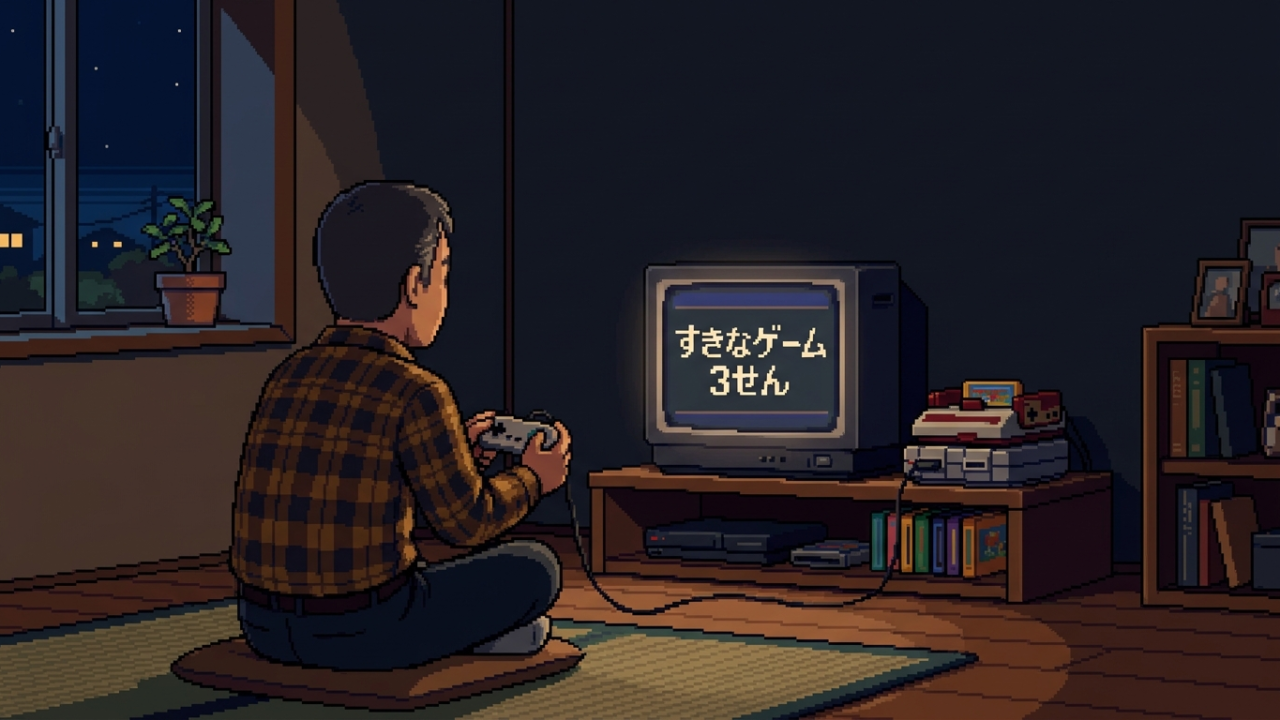 レトロゲーム機の前でコントローラーを持つ男性を描いたドット絵。画面に「すきなゲーム 3せん」の文字
